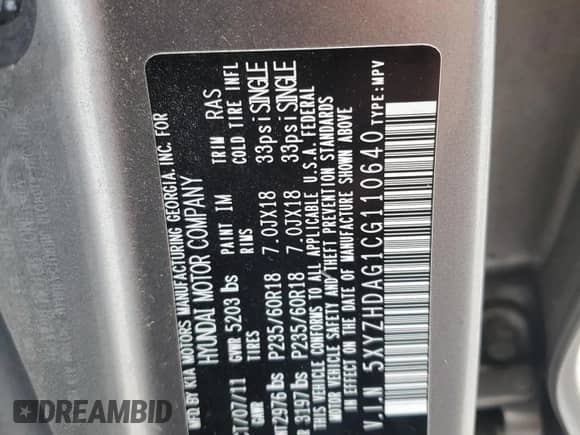 ✅ 2012 Hyundai Santa Fe SE • VIN: 5XYZHDAG1CG110640 • Lot: 70302985. Listed on Copart with 187,049 mi miles. Access the free auction sales archive from the USA and view a detailed vehicle history report at DreamBid. Image 14.