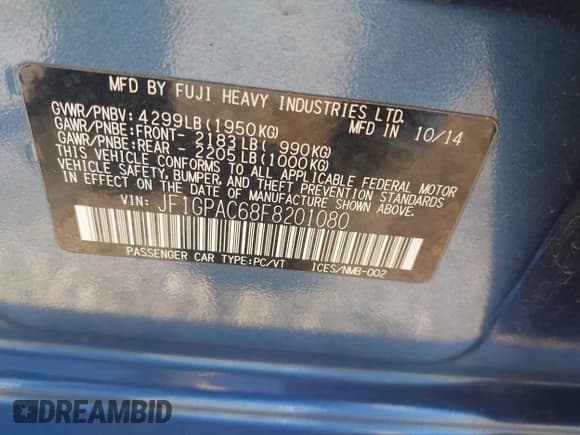 ✅ 2015 Subaru Impreza Premium • VIN: JF1GPAC68F8201080 • Lot: 43634212. Listed on IAAI with 204,945 mi. Free auction sales archive from the USA and detailed vehicle history report at DreamBid. Image 9.