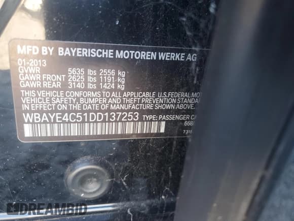 ✅ 2013 BMW 7 Series 740Li • VIN: WBAYE4C51DD137253 • Lot: 86150645. Listed on Copart with Not provided. Free auction sales archive from the USA and detailed vehicle history report at DreamBid. Image 12.