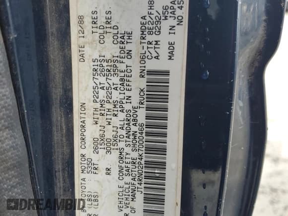 ✅ 1989 Toyota Pickup • VIN: JT4RN02P4K7000466 • Lot: 51645695. Listed on Copart with 162,733 mi. Free auction sales archive from the USA and detailed vehicle history report at DreamBid. Image 12.