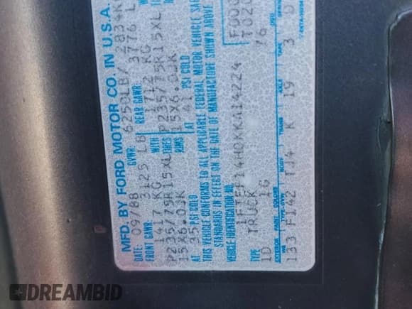 ✅ 1989 Ford F-150 • VIN: 1FTEF14H0KKA14224 • Лот: 48023255. Опубликован ранее на Copart с пробегом 59 259 миль. Бесплатный доступ к архиву аукционных продаж из США и подробный отчёт об истории автомобиля на DreamBid. Изображение 14.