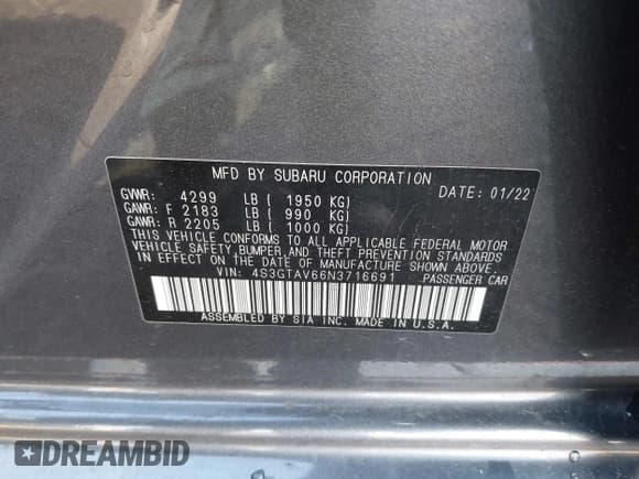 ✅ 2022 Subaru Impreza Premium • VIN: 4S3GTAV66N3716691 • Lot: 43741950. Listed on IAAI with 26,907 mi. Free auction sales archive from the USA and detailed vehicle history report at DreamBid. Image 9.