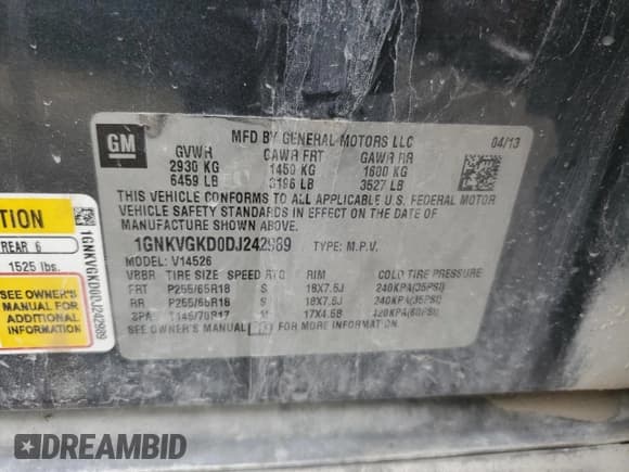 ✅ 2013 Chevrolet Traverse LT • VIN: 1GNKVGKD0DJ242989 • Lot: 92195815. Wystawiony na Copart z przebiegiem Nie podano. Bezpłatny archiwum sprzedaży aukcyjnych z USA i szczegółowy raport historii pojazdu na DreamBid. Zdjęcie 13.