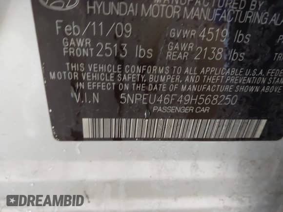 2009 Hyundai Sonata SE with VIN 5NPEU46F49H568250, listed as a IAAI auction lot 42203060 with 244,286 mi miles and . Bid and sale history available at DreamBid. Image 9.