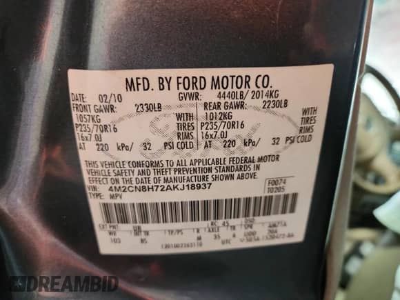 2010 Mercury Mariner Premier с VIN 4M2CN8H72AKJ18937, выставлен на аукционе Copart как лот 81129175 с пробегом Не указан миль и На запчасти • Non repairable. История ставок и продаж доступна на DreamBid. Изображение 14.