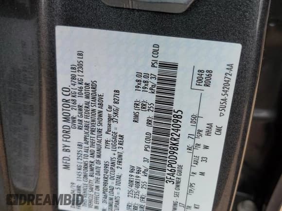 ✅ 2019 Ford Fusion Titanium • VIN: 3FA6P0D98KR240985 • Lot: 68430145. Wystawiony na Copart z przebiegiem 47 543 mil. Bezpłatny archiwum sprzedaży aukcyjnych z USA i szczegółowy raport historii pojazdu na DreamBid. Zdjęcie 12.