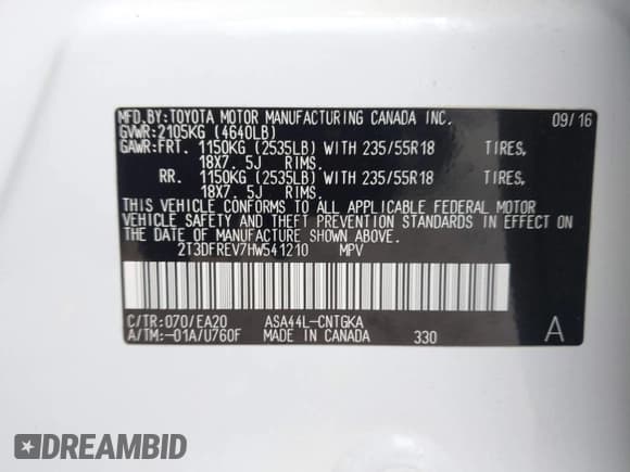 ✅ 2017 Toyota RAV4 Limited • VIN: 2T3DFREV7HW541210 • Lot: 43582602. Listed on IAAI with 87,882 mi. Free auction sales archive from the USA and detailed vehicle history report at DreamBid. Image 9.