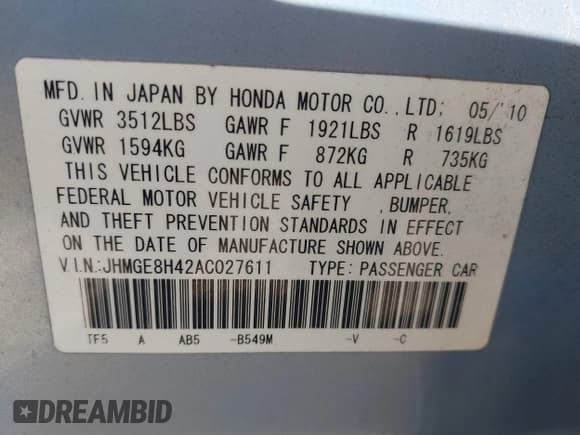 ✅ 2010 Honda Fit Sport • VIN: JHMGE8H42AC027611 • Lot: 43627000. Wystawiony na IAAI z przebiegiem 229 807 mil. Bezpłatny archiwum sprzedaży aukcyjnych z USA i szczegółowy raport historii pojazdu na DreamBid. Zdjęcie 9.