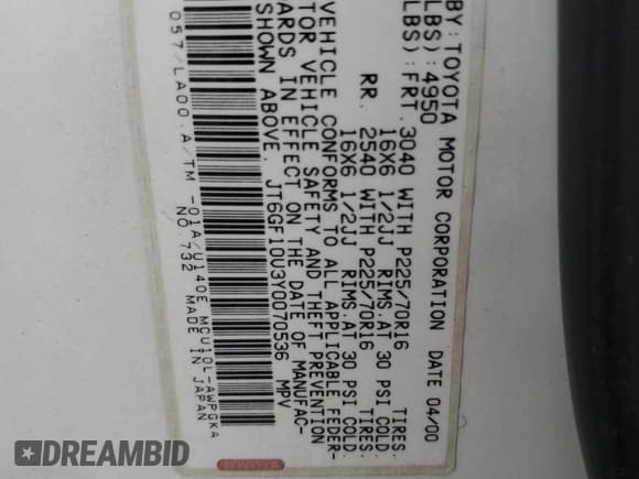 ✅ 2000 Lexus RX 300 • VIN: JT6GF10U3Y0070536 • Лот: 84631225. Опубликован ранее на Copart с пробегом 274 838 миль. Бесплатный доступ к архиву аукционных продаж из США и подробный отчёт об истории автомобиля на DreamBid. Изображение 13.