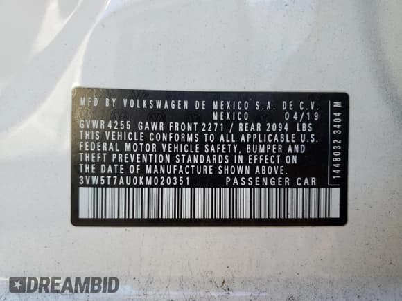 ✅ 2019 Volkswagen Golf GTI S • VIN: 3VW5T7AU0KM020351 • Lot: 90244595. Wystawiony na Copart z przebiegiem 87 937 mil. Bezpłatny archiwum sprzedaży aukcyjnych z USA i szczegółowy raport historii pojazdu na DreamBid. Zdjęcie 12.