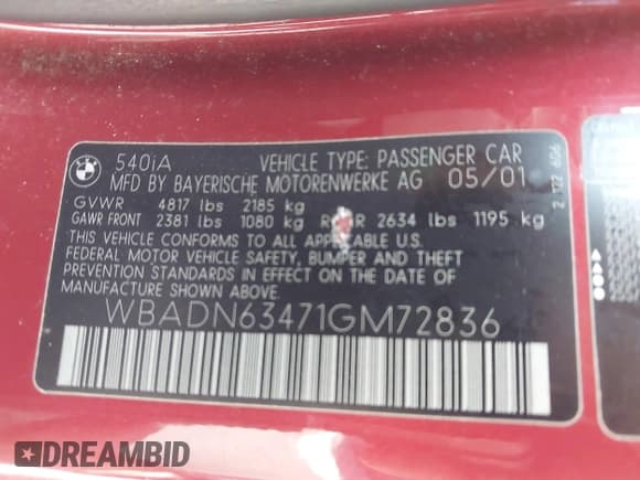 ✅ 2001 BMW 5 Series 540i • VIN: WBADN63471GM72836 • Лот: 42602830. Опубликован ранее на IAAI с пробегом Не указан. Бесплатный доступ к архиву аукционных продаж из США и подробный отчёт об истории автомобиля на DreamBid. Изображение 9.