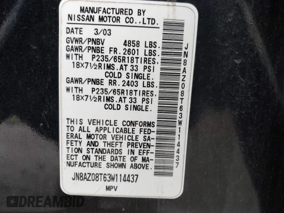 ✅ 2003 Nissan Murano SL • VIN: JN8AZ08T63W114437 • Lot: 43788937. Listed on IAAI with 164,811 mi. Free auction sales archive from the USA and detailed vehicle history report at DreamBid. Image 9.