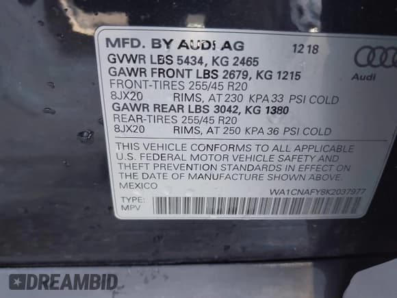 ✅ 2019 Audi Q5 Prestige • VIN: WA1CNAFY8K2037977 • Лот: 43789913. Опубликован ранее на IAAI с пробегом 56 176 миль. Бесплатный доступ к архиву аукционных продаж из США и подробный отчёт об истории автомобиля на DreamBid. Изображение 9.