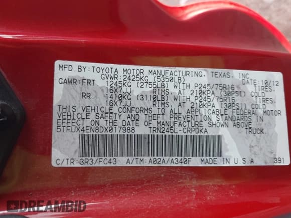 ✅ 2013 Toyota Tacoma • VIN: 5TFUX4EN8DX017988 • Lot: 43373566. Wystawiony na IAAI z przebiegiem 42 379 mil. Bezpłatny archiwum sprzedaży aukcyjnych z USA i szczegółowy raport historii pojazdu na DreamBid. Zdjęcie 9.