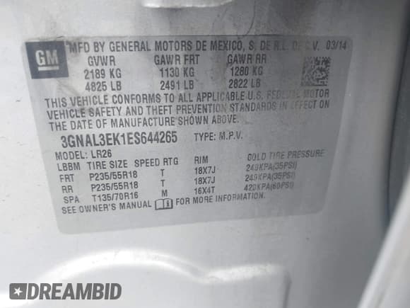 ✅ 2014 Chevrolet Captiva Sport LT • VIN: 3GNAL3EK1ES644265 • Lot: 43785646. Listed on IAAI with 129,477 mi. Free auction sales archive from the USA and detailed vehicle history report at DreamBid. Image 9.