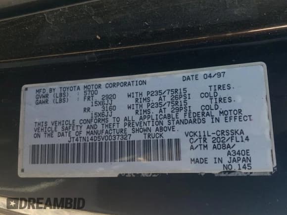 ✅ 1997 Toyota T100 SR5 • VIN: JT4TN14D5V0037327 • Lot: 82998164. Listed on Copart with 227,476 mi. Free auction sales archive from the USA and detailed vehicle history report at DreamBid. Image 12.