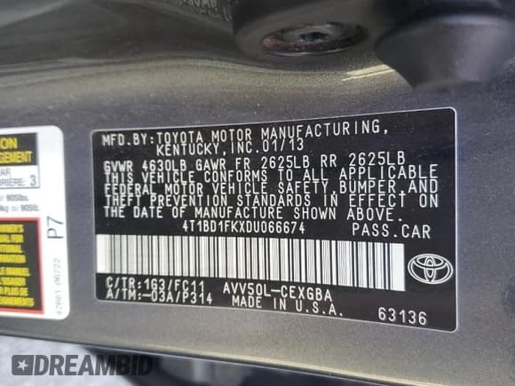 ✅ 2013 Toyota Camry XLE • VIN: 4T1BD1FKXDU066674 • Lot: 89671785. Listed on Copart with Not provided. Free auction sales archive from the USA and detailed vehicle history report at DreamBid. Image 13.