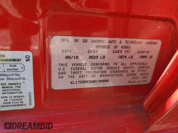 ✅ 2010 Chevrolet Aveo 1LT • VIN: KL1TD5DE5AB134990 • Lot: 52554485. Wystawiony na Copart z przebiegiem 115 002 mil. Bezpłatny archiwum sprzedaży aukcyjnych z USA i szczegółowy raport historii pojazdu na DreamBid. Zdjęcie 12.