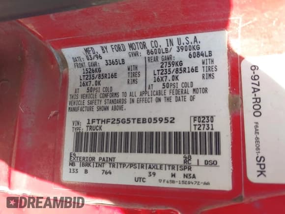 ✅ 1996 Ford F-250 • VIN: 1FTHF25G5TEB05952 • Lot: 42918296. Listed on IAAI with Not provided. Free auction sales archive from the USA and detailed vehicle history report at DreamBid. Image 9.