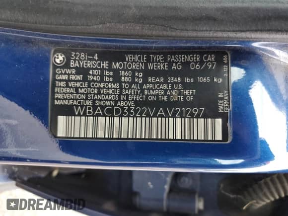 1997 BMW 3 Series z VIN WBACD3322VAV21297, wystawiony jako Copart lot #43254895 z przebiegiem Nie podano mil oraz Szkoda całkowita • Salvage title. Historia ofert i sprzedaży dostępna na DreamBid. Obrazek 15.