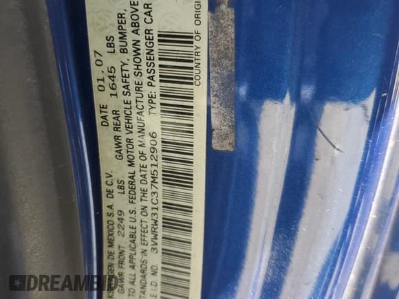 ✅ 2007 Volkswagen Beetle • VIN: 3VWRW31C37M512906 • Lot: 56718745. Listed on Copart with 148,796 mi. Free auction sales archive from the USA and detailed vehicle history report at DreamBid. Image 12.