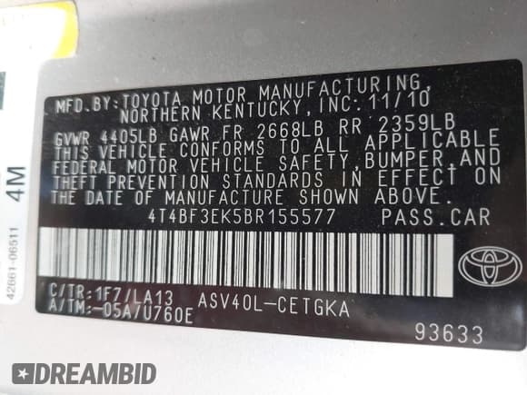 ✅ 2011 Toyota Camry LE • VIN: 4T4BF3EK5BR155577 • Lot: 43394680. Wystawiony na IAAI z przebiegiem 200 774 mil. Bezpłatny archiwum sprzedaży aukcyjnych z USA i szczegółowy raport historii pojazdu na DreamBid. Zdjęcie 9.
