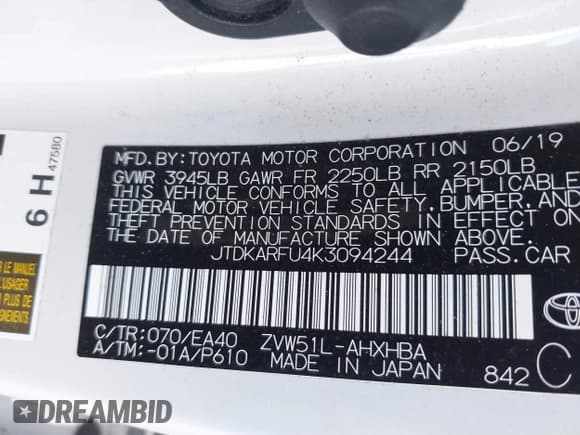 ✅ 2019 Toyota Prius L Eco • VIN: JTDKARFU4K3094244 • Lot: 41888520. Listed on IAAI with 14,082 mi. Free auction sales archive from the USA and detailed vehicle history report at DreamBid. Image 9.
