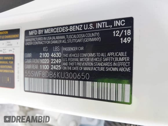 ✅ 2019 Mercedes-Benz C 300 • VIN: 55SWF8DB6KU300650 • Lot: 42540472. Listed on IAAI with 42,548 mi. Free auction sales archive from the USA and detailed vehicle history report at DreamBid. Image 9.