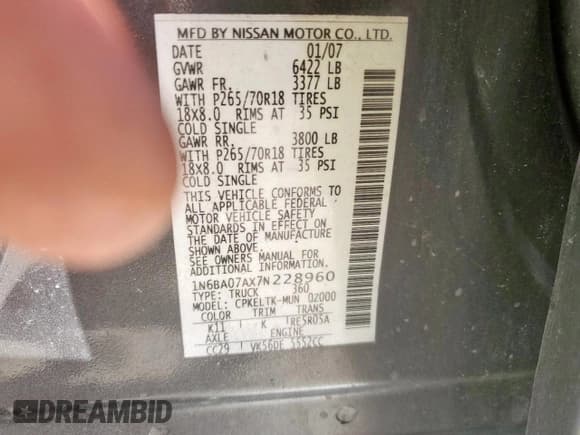 ✅ 2007 Nissan Titan SE • VIN: 1N6BA07AX7N228960 • Лот: 90920755. Опубликован ранее на Copart с пробегом 149 507 миль. Бесплатный доступ к архиву аукционных продаж из США и подробный отчёт об истории автомобиля на DreamBid. Изображение 12.