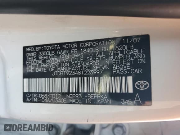 ✅ 2008 Toyota Yaris • VIN: JTDBT923481223997 • Lot: 93155415. Listed on Copart with 287,709 mi. Free auction sales archive from the USA and detailed vehicle history report at DreamBid. Image 13.