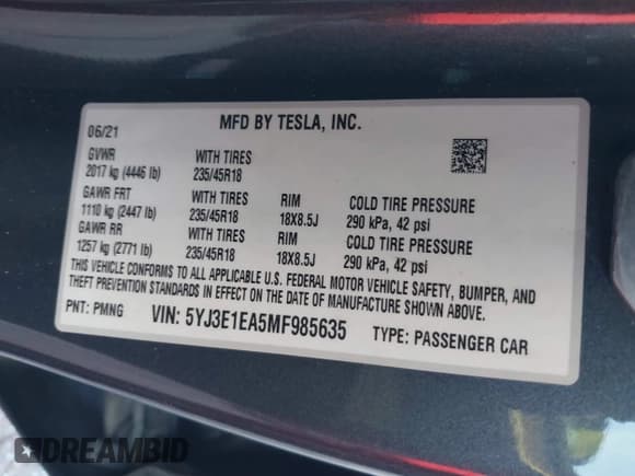 ✅ 2021 Tesla Model 3 Standard Range Plus • VIN: 5YJ3E1EA5MF985635 • Lot: 43575207. Wystawiony na IAAI z przebiegiem 63 336 mil. Bezpłatny archiwum sprzedaży aukcyjnych z USA i szczegółowy raport historii pojazdu na DreamBid. Zdjęcie 9.