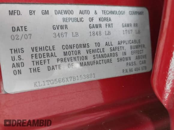 ✅ 2007 Chevrolet Aveo LT • VIN: KL1TG566X7B153881 • Lot: 42626501. Wystawiony na IAAI z przebiegiem 122 555 mil. Bezpłatny archiwum sprzedaży aukcyjnych z USA i szczegółowy raport historii pojazdu na DreamBid. Zdjęcie 9.