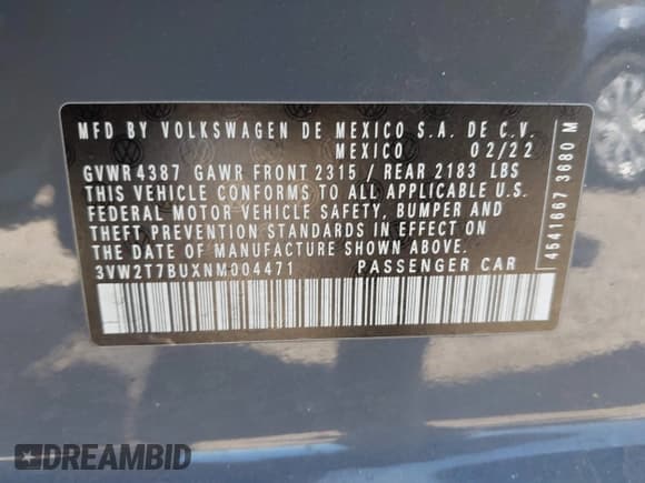 ✅ 2022 Volkswagen Jetta Autobahn • VIN: 3VW2T7BUXNM004471 • Lot: 41578910. Listed on IAAI with 49,126 mi. Free auction sales archive from the USA and detailed vehicle history report at DreamBid. Image 9.