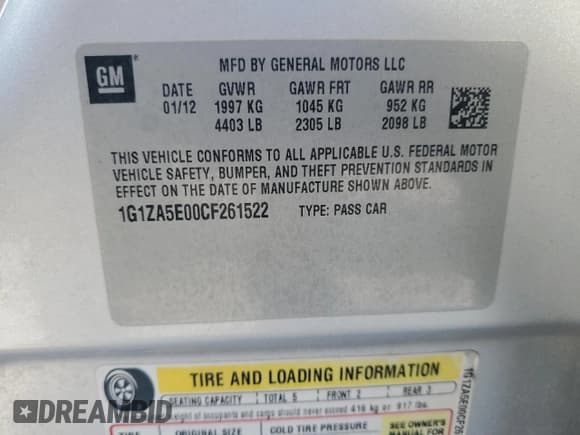 ✅ 2012 Chevrolet Malibu 1FL • VIN: 1G1ZA5E00CF261522 • Lot: 76960754. Listed on Copart with 188,742 mi. Free auction sales archive from the USA and detailed vehicle history report at DreamBid. Image 12.