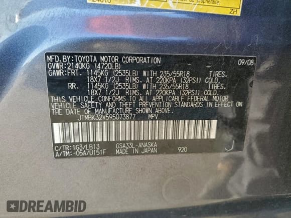 ✅ 2009 Toyota RAV4 Sport • VIN: JTMBK32V595073877 • Лот: 96414365. Опубликован ранее на Copart с пробегом 271 857 миль. Бесплатный доступ к архиву аукционных продаж из США и подробный отчёт об истории автомобиля на DreamBid. Изображение 13.