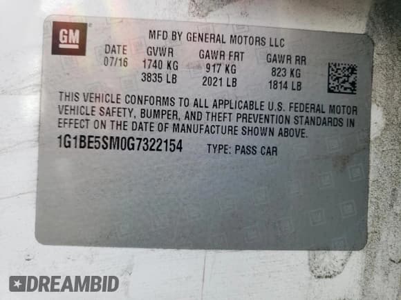 ✅ 2016 Chevrolet Cruze LT • VIN: 1G1BE5SM0G7322154 • Lot: 43983753. Listed on Copart with 129,122 mi. Free auction sales archive from the USA and detailed vehicle history report at DreamBid. Image 13.