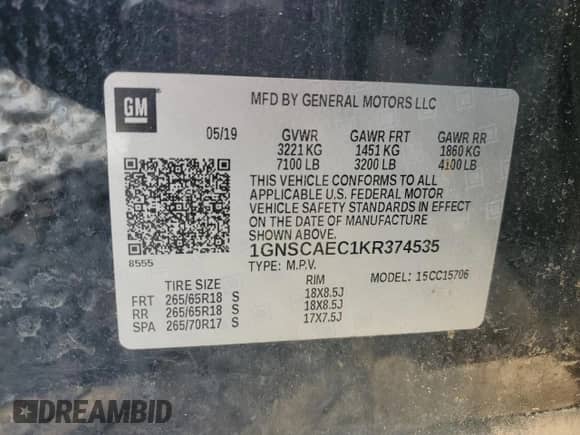 2019 Chevrolet Tahoe LS с VIN 1GNSCAEC1KR374535, выставлен на аукционе Copart как лот 81609295 с пробегом 100 726 миль миль и Списание • Salvage title. История ставок и продаж доступна на DreamBid. Изображение 13.