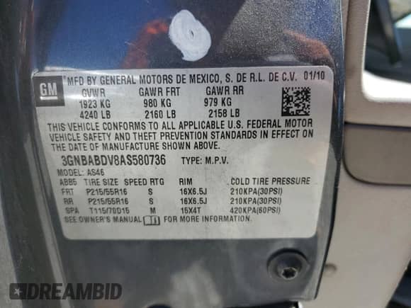 2010 Chevrolet HHR 1LT с VIN 3GNBABDV8AS580736, выставлен на аукционе Copart как лот 57854565 с пробегом 124 221 миль миль и Списание • Salvage title. История ставок и продаж доступна на DreamBid. Изображение 12.