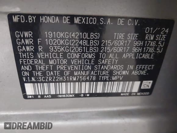 ✅ 2024 Honda HR-V LX • VIN: 3CZRZ2H31RM756478 • Lot: 42372882. Listed on IAAI with 10,166 mi. Free auction sales archive from the USA and detailed vehicle history report at DreamBid. Image 9.