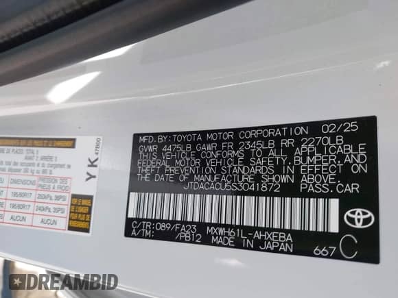 2025 Toyota Prius SE с VIN JTDACACU5S3041872, выставлен на аукционе IAAI как лот 42746943 с пробегом 6 615 миль миль и . История ставок и продаж доступна на DreamBid. Изображение 9.