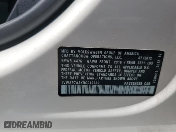 ✅ 2013 Volkswagen Passat S • VIN: 1VWAP7A3XDC012739 • Lot: 63841305. Listed on Copart with 249,329 mi. Free auction sales archive from the USA and detailed vehicle history report at DreamBid. Image 13.