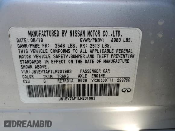 ✅ 2020 Infiniti Q50 Pure • VIN: JN1EV7AP1LM201983 • Лот: 51210885. Опубликован ранее на Copart с пробегом 79 053 миль. Бесплатный доступ к архиву аукционных продаж из США и подробный отчёт об истории автомобиля на DreamBid. Изображение 12.