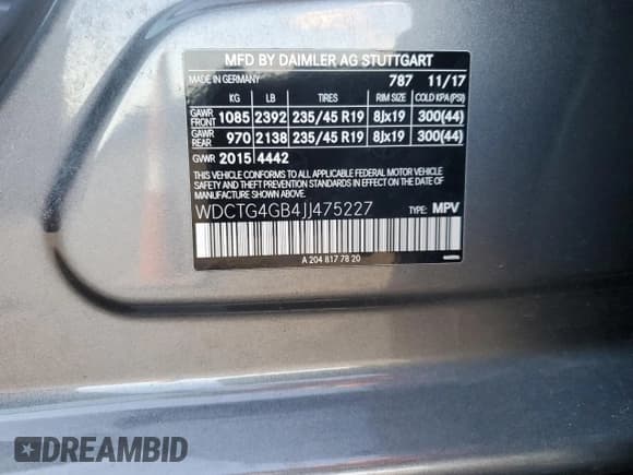 ✅ 2018 Mercedes-Benz GLA 250 • VIN: WDCTG4GB4JJ475227 • Lot: 90068625. Listed on Copart with 103,139 mi. Free auction sales archive from the USA and detailed vehicle history report at DreamBid. Image 13.