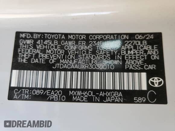2024 Toyota Prius LE with VIN JTDACAAUXR3030010, listed as a Copart auction lot 69868615 with 22,790 mi miles and Salvage title. Bid and sale history available at DreamBid. Image 12.