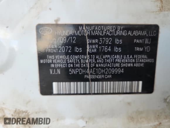 ✅ 2013 Hyundai Elantra Limited • VIN: 5NPDH4AE1DH209994 • Lot: 92197455. Listed on Copart with 211,210 mi. Free auction sales archive from the USA and detailed vehicle history report at DreamBid. Image 12.