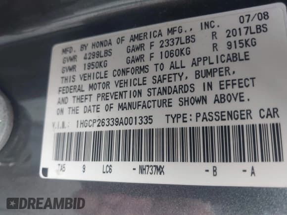 ✅ 2009 Honda Accord LX • VIN: 1HGCP26339A001335 • Lot: 43741145. Wystawiony na IAAI z przebiegiem 223 216 mil. Bezpłatny archiwum sprzedaży aukcyjnych z USA i szczegółowy raport historii pojazdu na DreamBid. Zdjęcie 9.