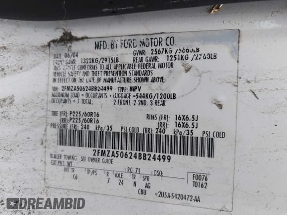 ✅ 2004 Ford Freestar S • VIN: 2FMZA50624BB24499 • Lot: 42995093. Listed on IAAI with 118,852 mi. Free auction sales archive from the USA and detailed vehicle history report at DreamBid. Image 9.