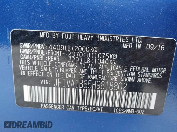 ✅ 2017 Subaru WRX • VIN: JF1VA1B65H9818802 • Lot: 42376809. Listed on IAAI with 115,908 mi. Free auction sales archive from the USA and detailed vehicle history report at DreamBid. Image 9.