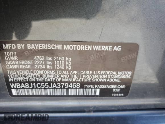 2018 BMW 3 Series 328d xDrive with VIN WBA8J1C55JA379468, listed as a Copart auction lot 80497915 with 84,486 mi miles and Salvage title. Bid and sale history available at DreamBid. Image 12.