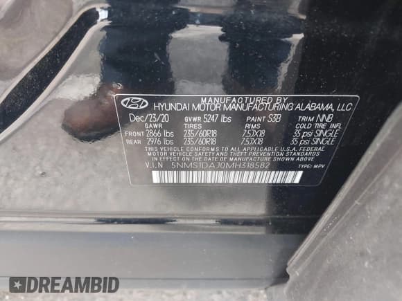 ✅ 2021 Hyundai Santa Fe SE • VIN: 5NMS1DAJ0MH318582 • Lot: 42681443. Listed on IAAI with 94,808 mi. Free auction sales archive from the USA and detailed vehicle history report at DreamBid. Image 9.